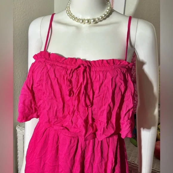 Lulus Maxi Dress High Low Smocked Low Cut Ruffles Layered in Hot Pink Size M NWT - Picture 3 of 11